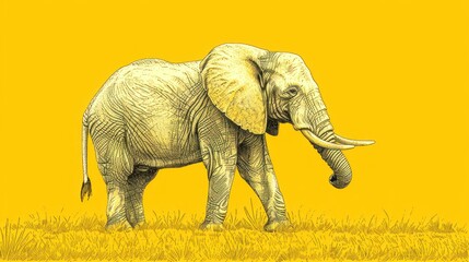  a drawing of an elephant standing in a field of grass with a yellow sky in the back ground and a yellow sky in the background.