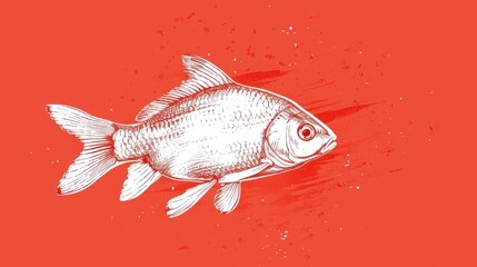  a black and white drawing of a goldfish on a red background with a black and white line drawing of a goldfish on a red background.