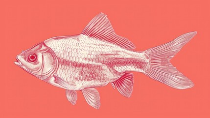  a drawing of a goldfish on a pink background with a red spot in the middle of the fish's body.