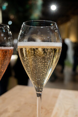 Tasting of sparkling wine champagne on winter weekend festival in December on Avenue de Champagne, Epernay, Champagne region, France
