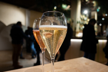 Tasting of sparkling wine champagne on winter weekend festival in December on Avenue de Champagne, Epernay, Champagne region, France