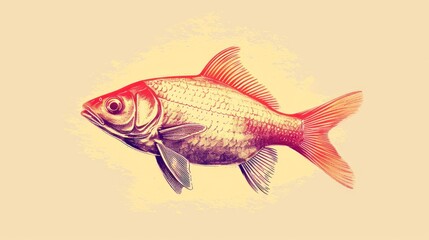 a drawing of a goldfish on a light yellow background with a red spot in the center of the fish's body.