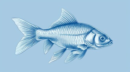  a drawing of a goldfish in blue ink on a light blue background with a black outline of the fish.