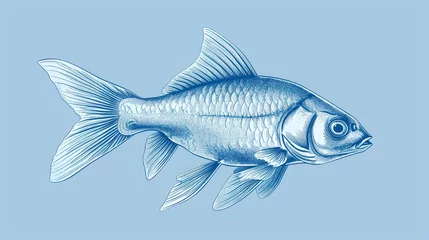 Fotobehang  a drawing of a goldfish in blue ink on a light blue background with a black outline of the fish. © Shanti