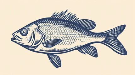  a black and white drawing of a fish on a beige background with a blue line drawing of a fish on it's side.
