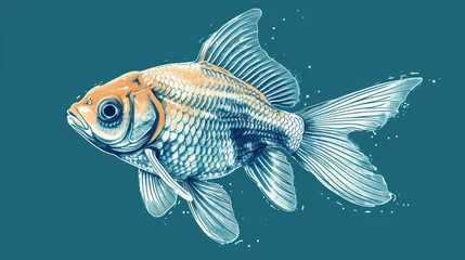 Fotobehang  a drawing of a goldfish with bubbles of water on the bottom of it's head and a blue background. © Shanti