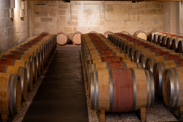 French oak wooden barrels for aging red wine in cellar, Saint-Emilion wine making region picking,...
