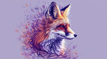  a close up of a fox's head with purple and orange paint splattered on it's face.