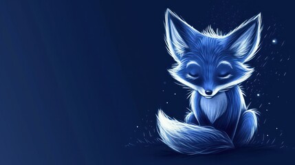  a drawing of a blue fox sitting on the ground with his eyes closed and his head turned to the side.
