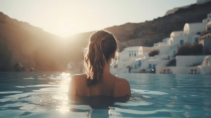 Rear view of woman looking at scenery in infinity pool, woman traveling in mediterranean sea in...