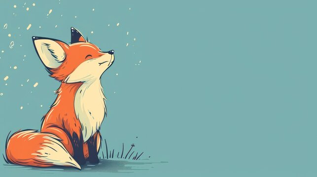 a drawing of a red fox sitting on the ground with its eyes closed and its head turned to the side.