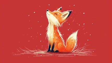  a red background with a drawing of a fox sitting on the ground and looking up at snow falling on the ground.