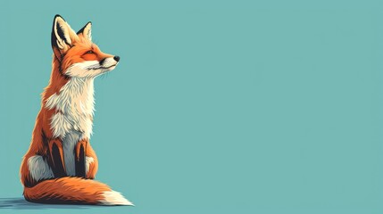  a painting of a red fox sitting on the ground with its head turned to the side and its eyes closed.