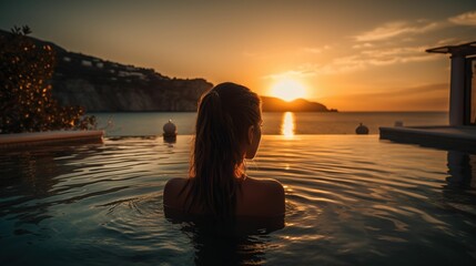 Rear view of woman looking at scenery in swimming pool at sunset, woman traveling in mediterranean sea in summer, woman looking at scenery in luxury hotel swimming pool, faceless travel footage
