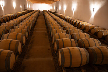 WIne celler with french oak barrels for aging of red dry wine made from Cabernet Sauvignon grape...