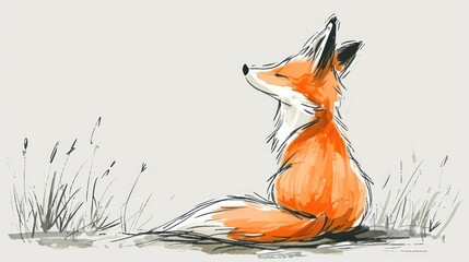  a drawing of a red fox sitting in the grass looking up at something in the distance with its eyes closed. - obrazy, fototapety, plakaty