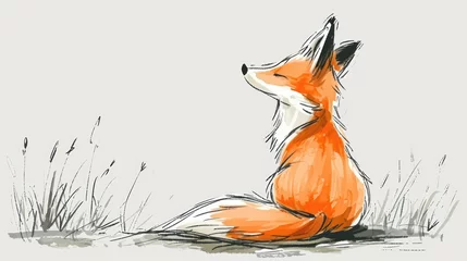 Foto op Canvas  a drawing of a red fox sitting in the grass looking up at something in the distance with its eyes closed. © Shanti