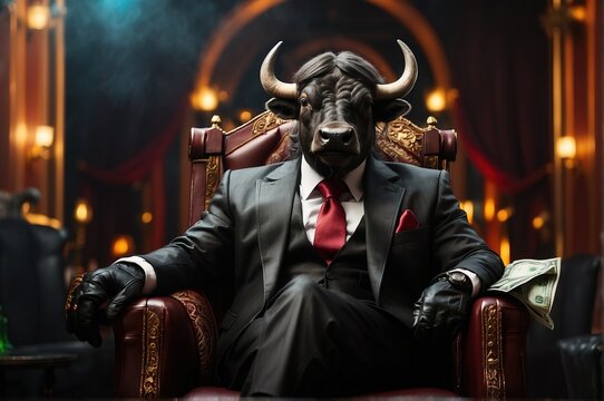 Buffalo mafia rich suit costume, sitting in king chair,