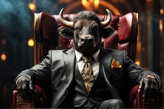 Buffalo mafia rich suit costume, sitting in king chair,