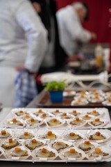 Degustation appetisers for visitors made by great chefs of high cuisine French restaurants, winter festival, Avenue de Champagne, Epernay, France