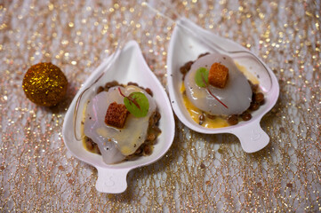 Degustation appetisers for visitors made by great chefs of high cuisine French restaurants, winter festival, Avenue de Champagne, Epernay, France