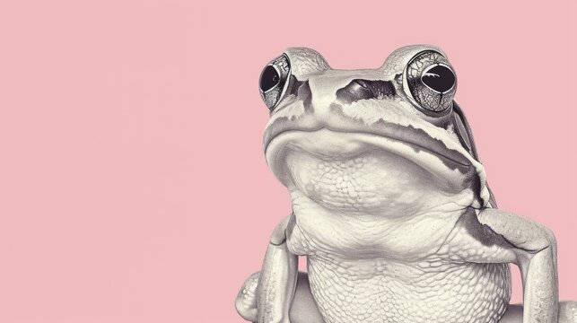  a black and white photo of a frog on a pink background with a caption in the middle of the image.