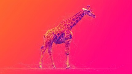  a giraffe standing in front of an orange and pink background with lines in the shape of a head.