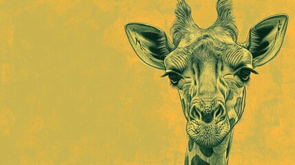  a close up of a giraffe's face on a yellow and yellow background with a black and white drawing of a giraffe's head.