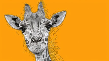  a close up of a giraffe's face on a yellow background with a black and white drawing of a giraffe's head.