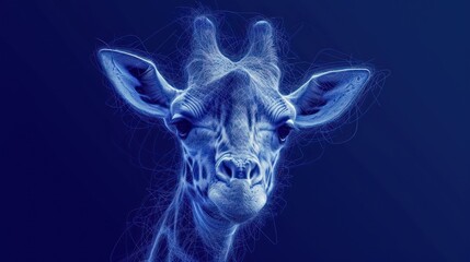  a close up of a giraffe's face on a blue background with lines in the foreground.
