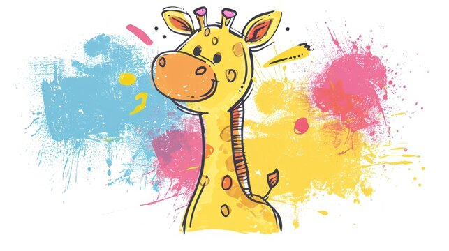  a drawing of a giraffe with paint splatters on the back of it's head and neck.