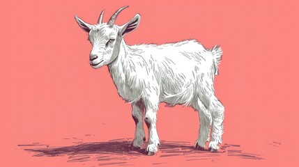  a white goat standing on top of a dirt ground next to a pink wall and a pink wall behind it.