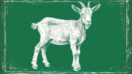  a white goat standing on top of a green floor next to a white square on top of a green wall.