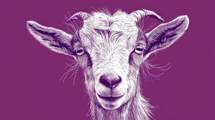  a close up of a goat's face on a purple background with a black and white drawing of a goat's head.