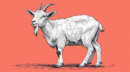  a white goat standing on top of a dirt ground next to a red wall and a black and white drawing of a goat on a pink background.