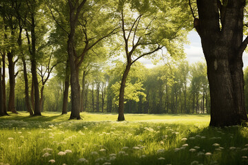 Fototapeta premium Spring Awakening: Illustration Landscape with Bright Fresh Look, Trees, and Blue Sky