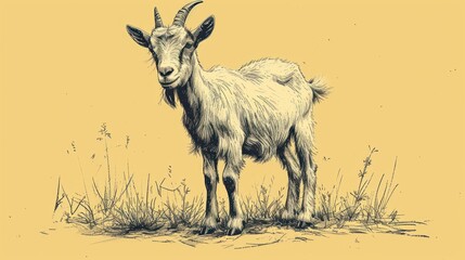  a goat standing on top of a dry grass field next to a field of tall grass on a yellow background.