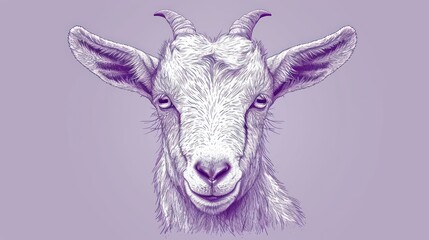  a close up of a goat's face on a purple background with a black and white drawing of a goat's head.