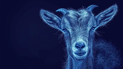  a close up of a goat's face with a blue light on it's face and a black background.