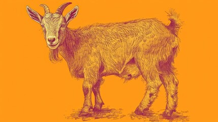  a brown goat standing on top of a grass covered field next to a yellow and orange background on a yellow wall.