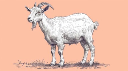 a white goat standing on top of a dry grass field next to a pink wall and a grass covered field.