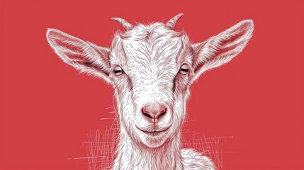  a close up of a goat's face on a red background with a pen and ink drawing of a goat's head.
