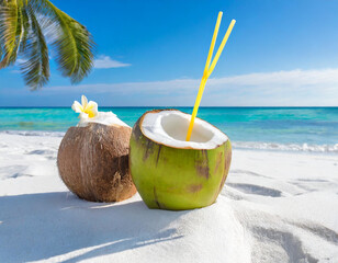 coconut on the beach,beach, sea, summer, coconut, sand, drink, tropical, 