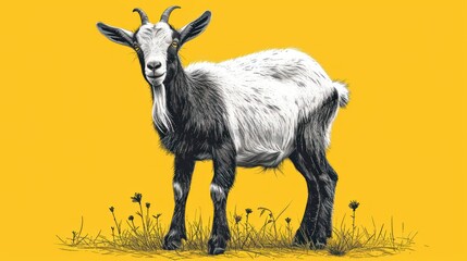  a black and white goat standing on top of a grass covered field next to a yellow field of wildflowers.