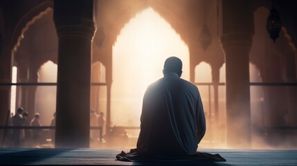 Islamic concept photo. Muslim man praying in the mosque and sunlight rays with haze in the morning. Ramadan or kandil or laylat al-qadr or kadir gecesi background photo. copy space - generative ai