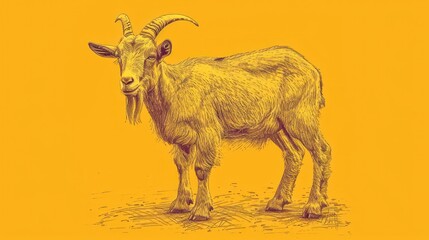  a drawing of a goat with horns standing on a patch of grass in front of an orange background with a yellow background.