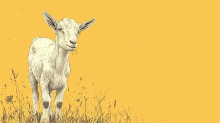  a drawing of a goat standing in a field of grass with a yellow wall in the background and grass in the foreground.
