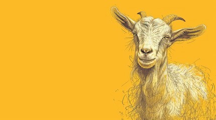  a drawing of a goat standing in front of a yellow background and looking at the camera with a serious look on its face.