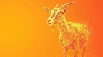  a close up of a goat on an orange and yellow background with a blurry image of it's head.