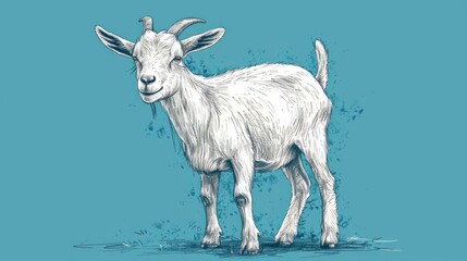  a white goat standing on top of a blue floor next to a green wall and a blue wall with a drawing of a goat on it's face.